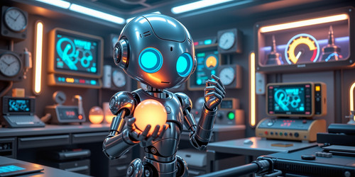 A whimsical futuristic robot with a sleek metallic body and glowing blue eyes The robot is standing .jpg