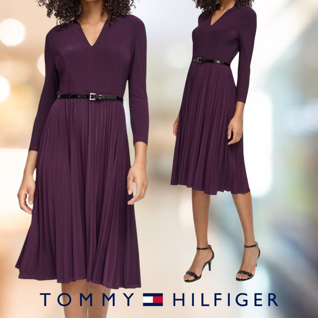 Tommy Hilfiger Vestido midi feminino de manga comprida com saia plissada