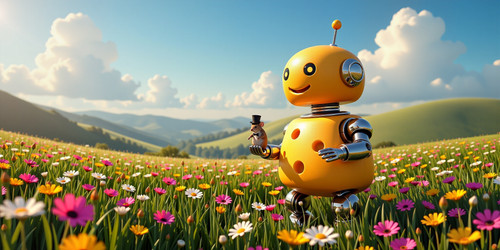 A surreal and whimsical scene featuring a giant friendly robot made of shiny metallic Swiss cheese T.jpg