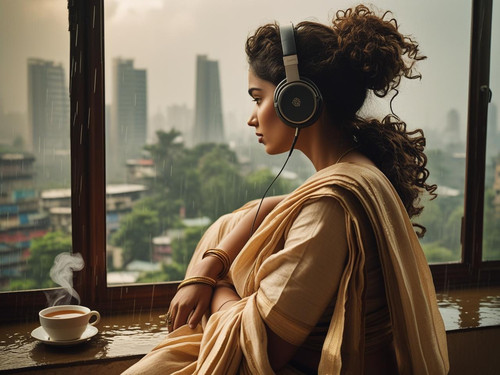 Genre Lo fi Chill Beats A beautiful Indian woman with curly hair tied in a messy bun, wearing oversi.jpg