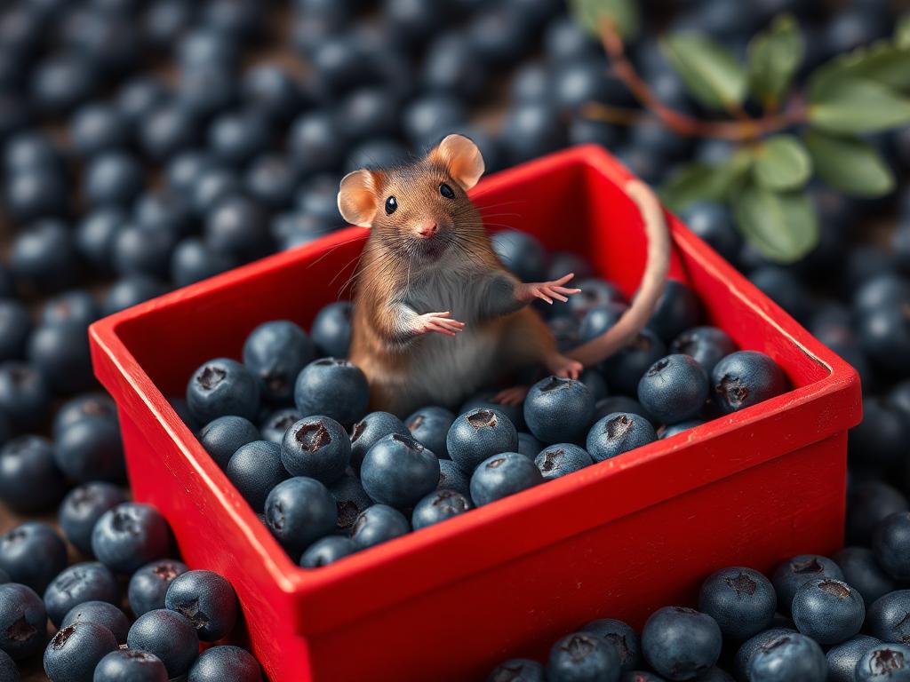 A red box of blue berries with a rat dancing inside
