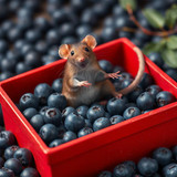 www.naked-ai.art - A red box of blue berries with a rat dancing inside
