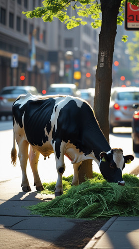 Leonardo Phoenix 10 A black and white cow standing on a city s 0.jpg
