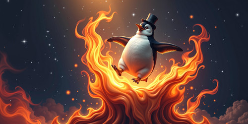  A mad penguin levitating on a giant flame composed of lit farts The penguin is depicted with wild c.jpg