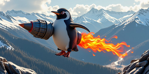  A mad scientist rocket penguin propelling itself forward with a giant flame of farts erupting from .jpg