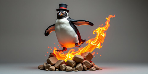  A mad scientist penguin levitating on a massive swirling flame of lit farts erupting from its butt .jpg