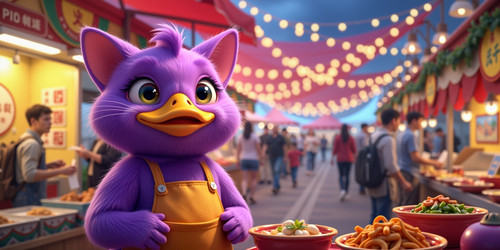 A whimsical and enchanting scene featuring an anthropomorphic purple alien cat duck skillfully blen.jpg