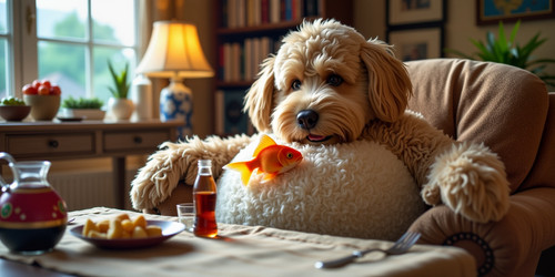  A whimsical and slightly macabre scene featuring Big Belly Bob the plush labradoodle with an absurd.jpg