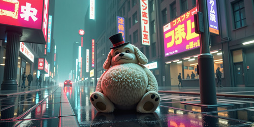 A depiction of Big Belly Bob as a plush labradoodle with an absurdly large spherical belly lost and.jpg