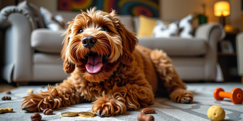  A whimsical scene featuring Big Belly Bob the plump labradoodle eagerly eating a shiny gold coin Co.jpg