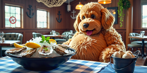  A heartwarming scene featuring Big Belly Bob the plush labradoodle with an absurdly large spherical.jpg