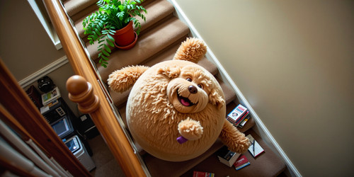  A chaotic and humorous scene featuring Big Belly Bob the plush labradoodle with an absurdly large s.jpg