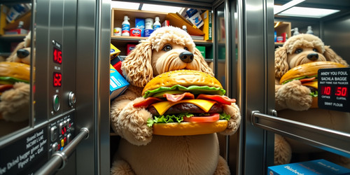  A comedic scene featuring Big Belly Bob the plush labradoodle with an absurdly large spherical bell.jpg