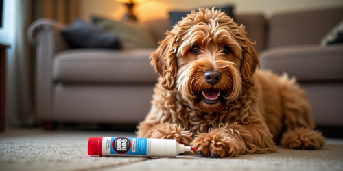 A whimsical and slightly humorous scene featuring Big Belly Bob the plump labradoodle seated alertl.jpg