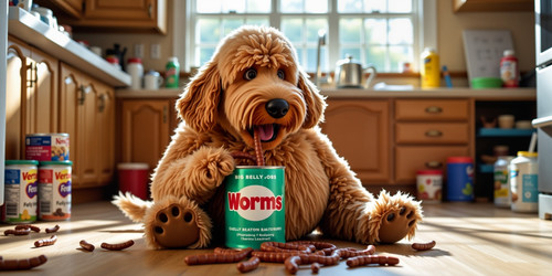  A humorous and slightly gross scene featuring Big Belly Bob the plush labradoodle with an absurdly .jpg