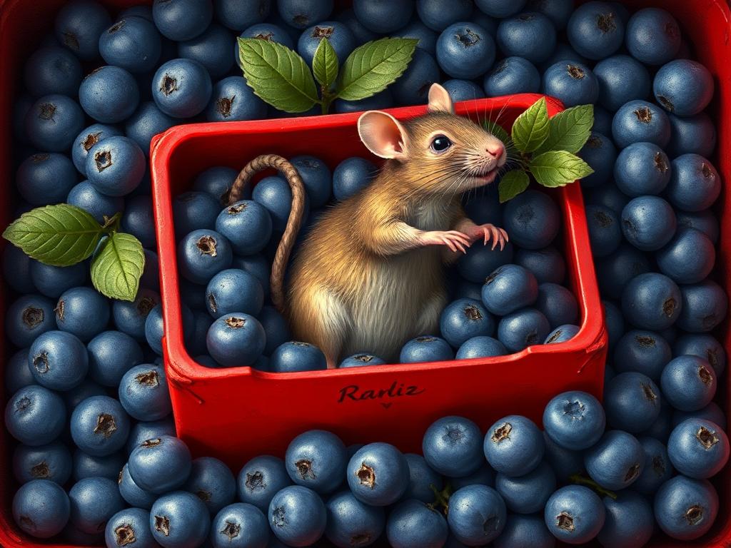 A red box of blue berries with a rat dancing inside