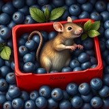 www.naked-ai.art - A red box of blue berries with a rat dancing inside
