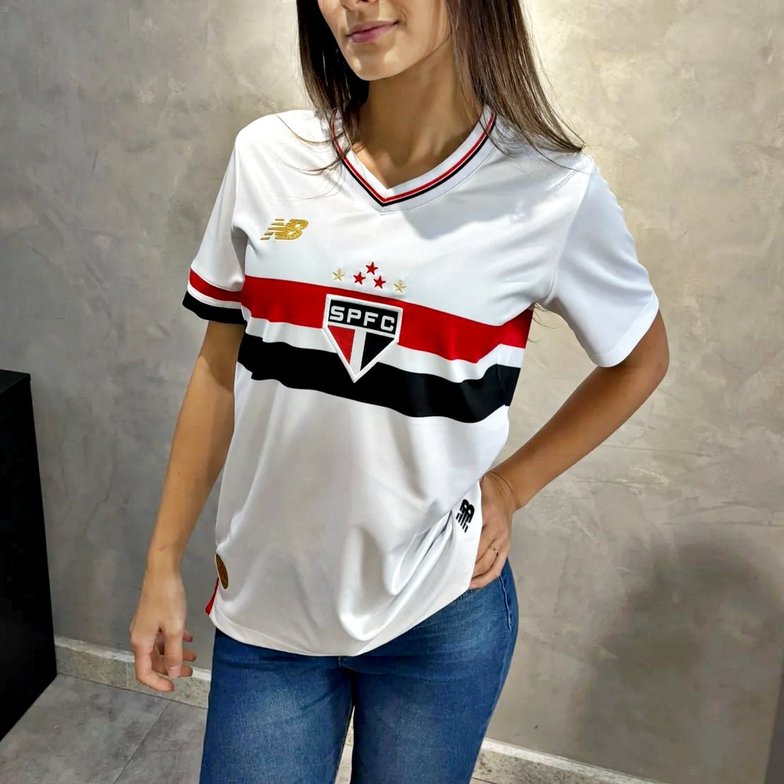 Camisa Feminina NB Torcedor Home SPFC 2025 C/P, Feminina, Branco/Vermelho/Preto, GG