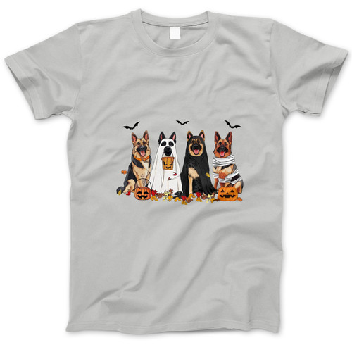 Photograph of four blank t-shirts greys beige and army green. Clipping path included. Ready for your.jpg
