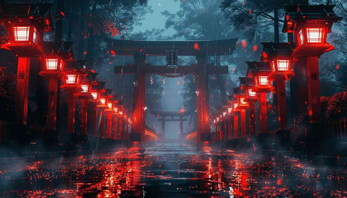 Red Lanterns Illuminate Rainy Night Path Through Torii Gate.jpg