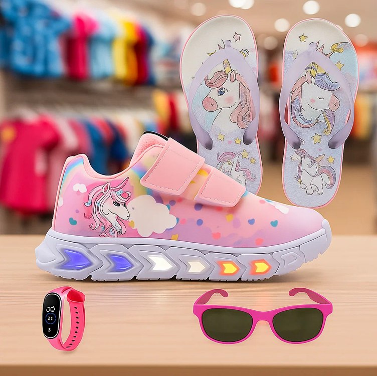 Kit Tenis Led Infantil Unicornio + Chinelo Oculos Relogio