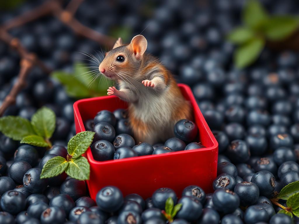 A red box of blue berries with a rat dancing inside