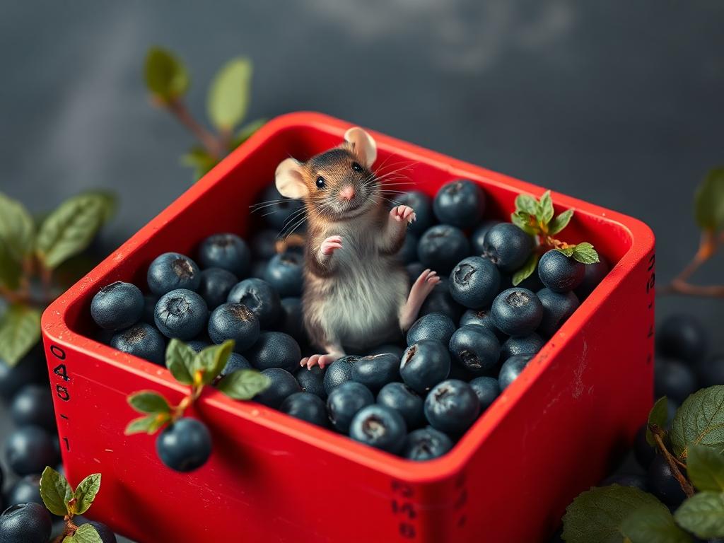A red box of blue berries with a rat dancing inside