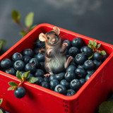 www.naked-ai.art - A red box of blue berries with a rat dancing inside