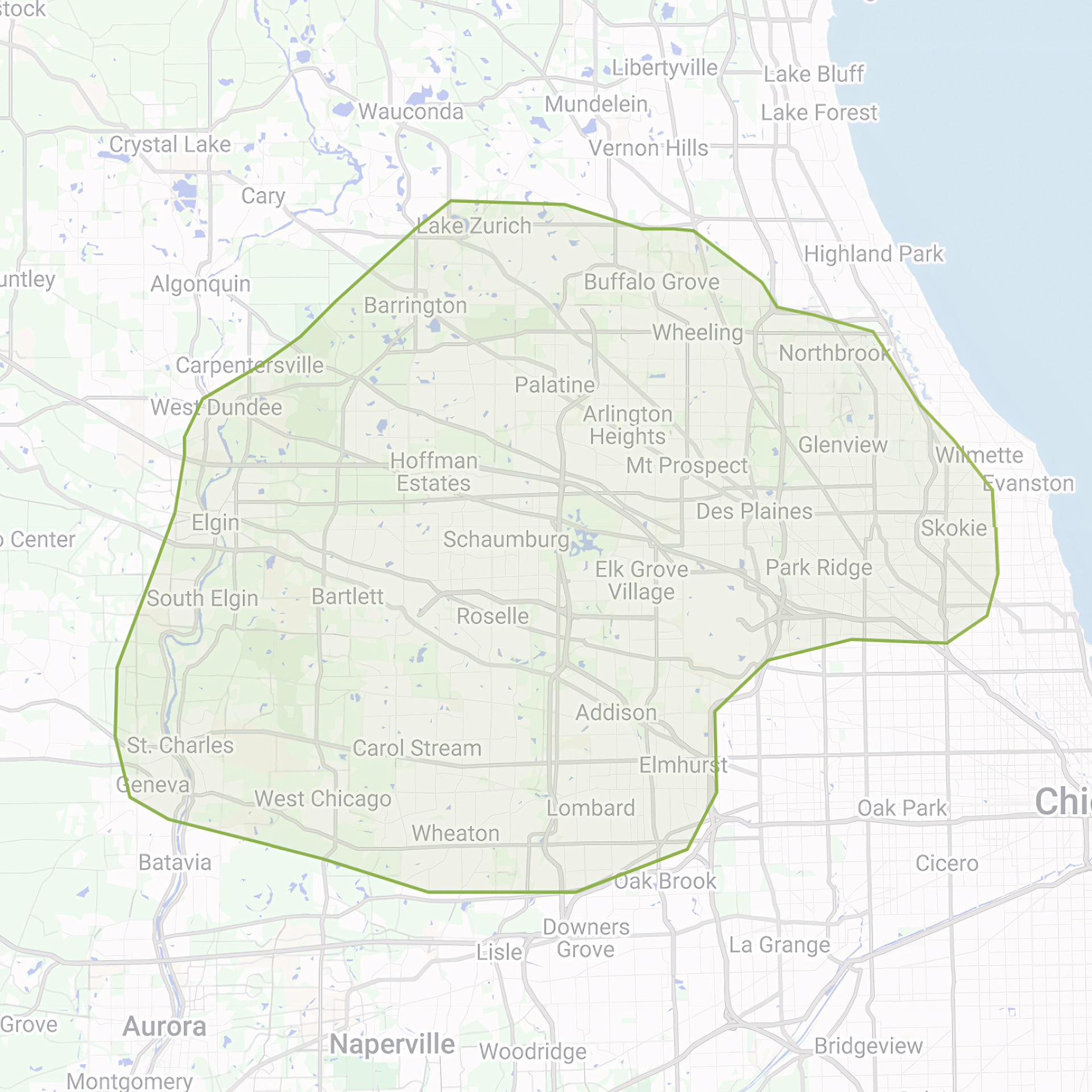 A map of the Northwest Chicagoland suburbs service area.