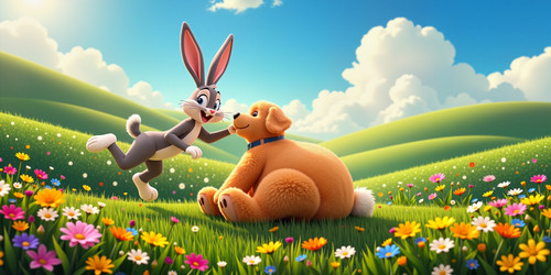 Create a whimsical and heartwarming image featuring Big Buck Bunny and Big Belly Bob engaged in play.jpg