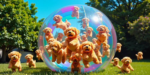 Create a vibrant and playful image featuring 42 instances of Big Belly Bob the plush labradoodle wit.jpg