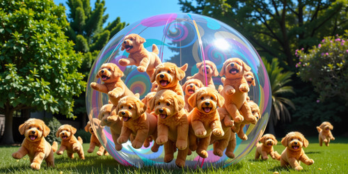 Create a vibrant and playful image featuring 42 instances of Big Belly Bob the plush labradoodle wit.jpg