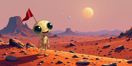 A whimsical illustration of an Absurdly Adorable Alien AAA standing on the dusty red plains of Mars .jpg