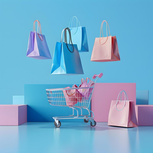 shopping cart filled with colorful shopping bags light blue background representing retail shopping .jpg