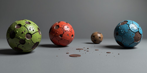 Create an ugly distorted image featuring three misshapen balls on a dull gray background Ball 1 shou.jpg