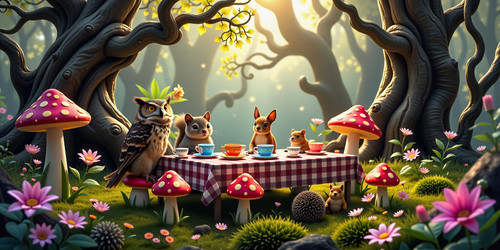 Create a surreal image featuring a whimsical tea party in a lush enchanted forest The table is set w.jpg