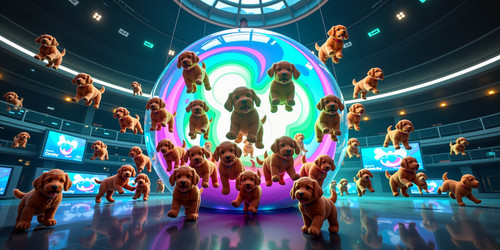 Create a futuristic high tech image featuring 42 instances of Big Belly Bob the plush labradoodle wi.jpg