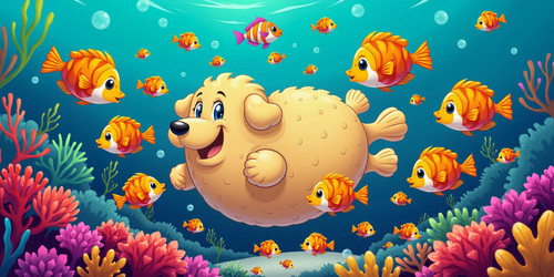 Create a whimsical image featuring Big Belly Bob BBB interacting with a school of blowfish in a vibr.jpg