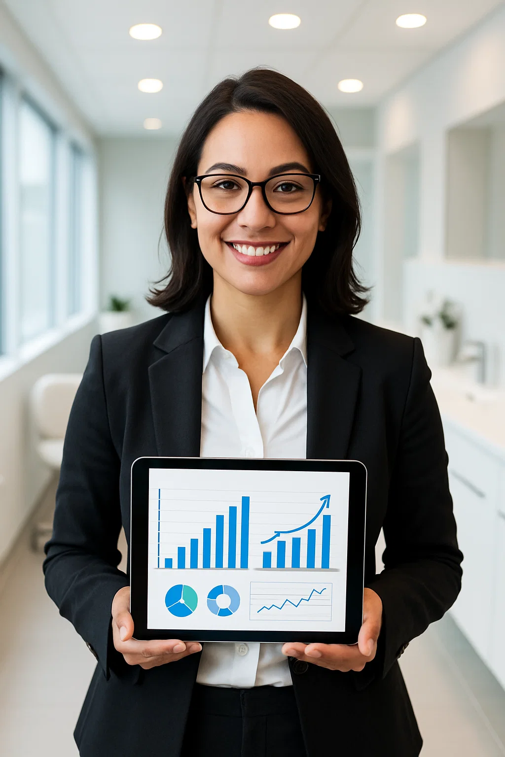 Empresária confiante segurando tablet com gráficos de crescimento