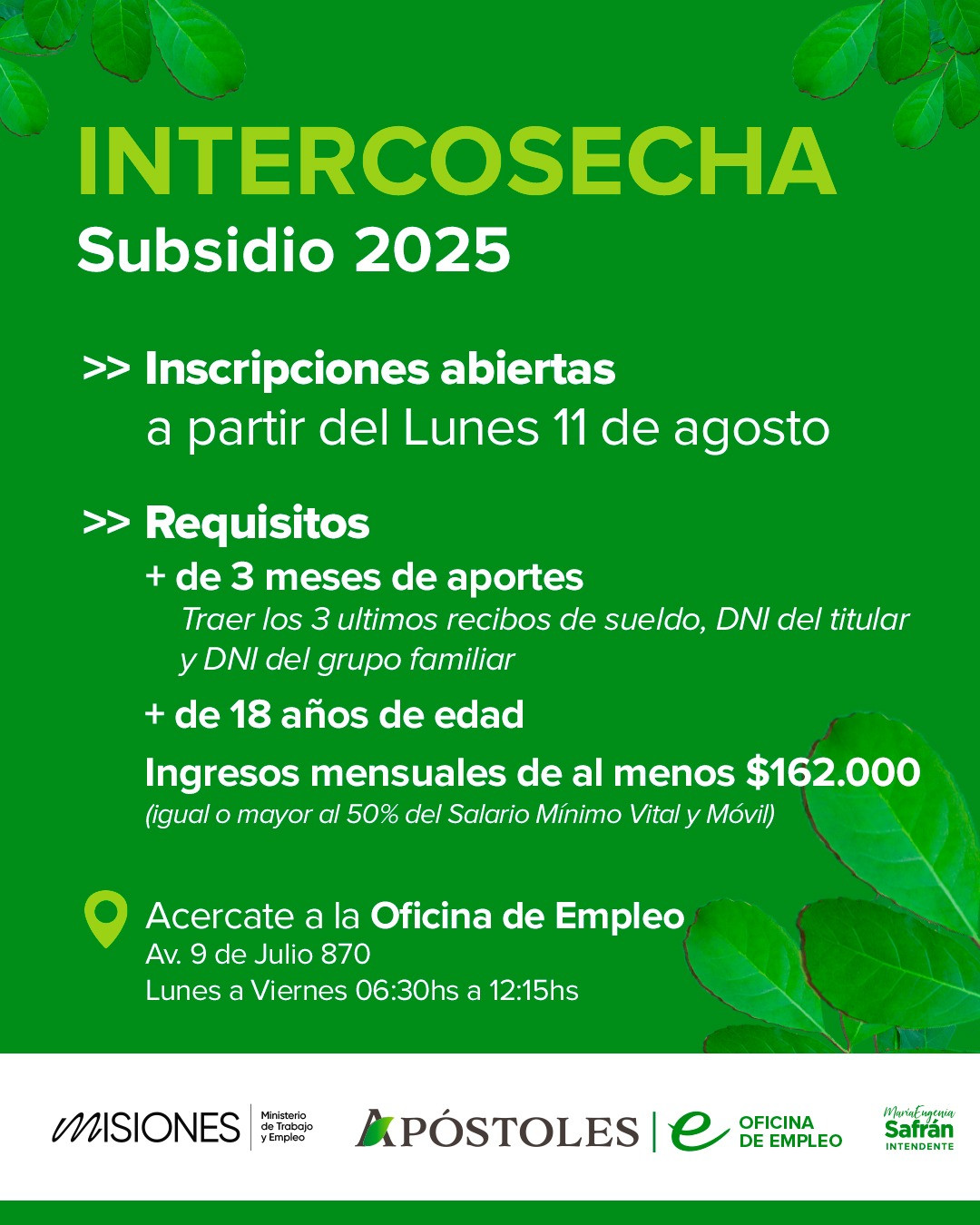 Apertura de Inscripciones al Programa Intercosecha 2025