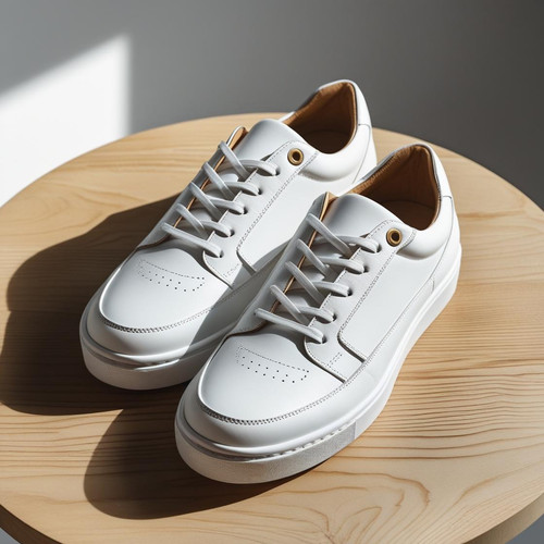 Foto produk sepatu sneakers putih di atas meja kayu dengan pencahayaan studio profesional.jpg