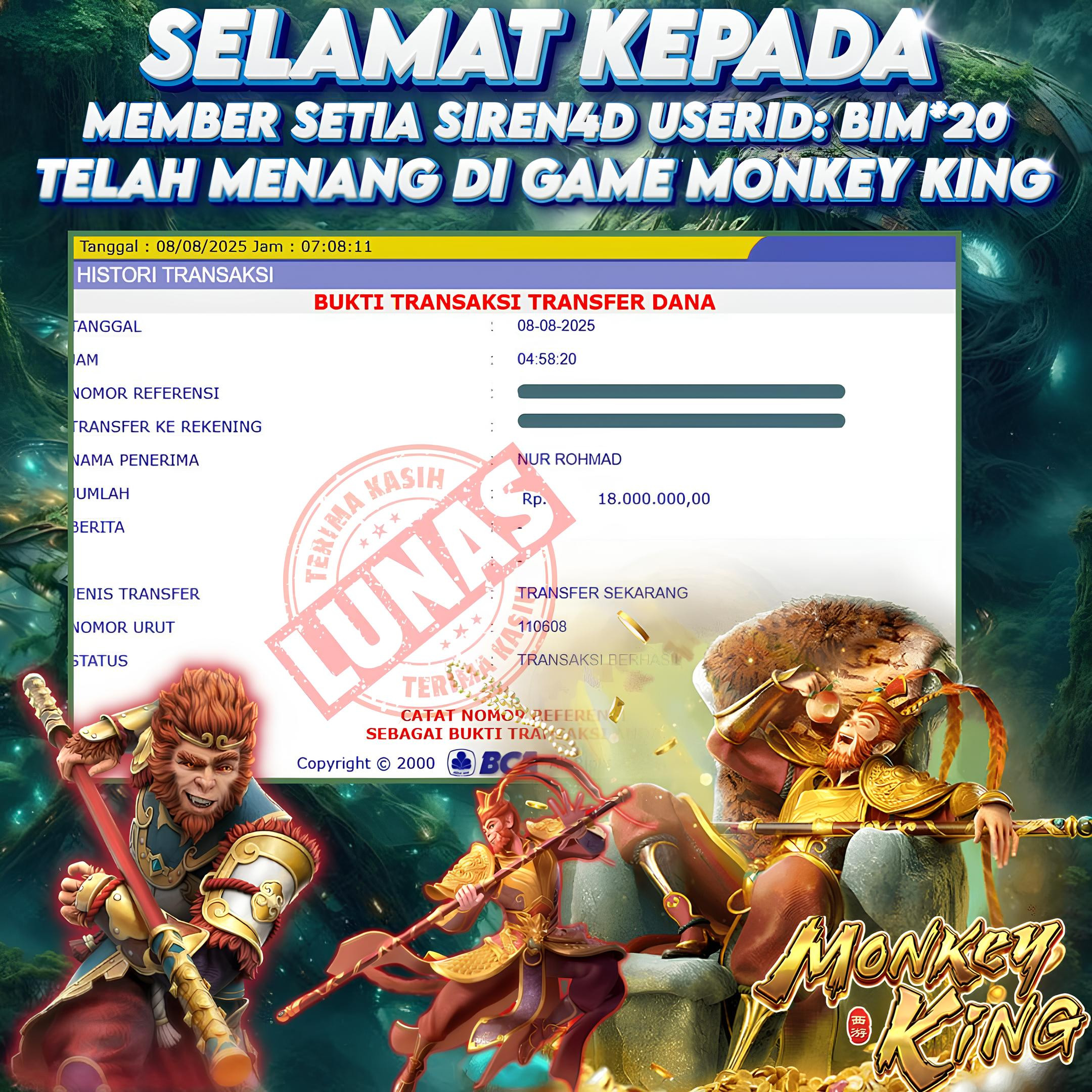 SIREN4D  - JACKPOT DI GAME SLOT MONKEY KING RP 18JT DIBAYAR LUNAS