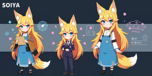 Create an image of a wise and enigmatic fox girl mascot with a unique blend of Japanese and Western .jpg