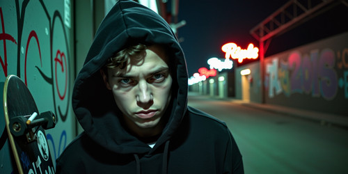 Create an image of an edgelord a stereotypical figure known for their dark brooding persona and prov.jpg