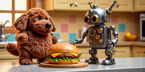 Big Belly Bob the plush labradoodle standing proudly beside Retro Rogue Robot BBB is puffy soft with.jpg