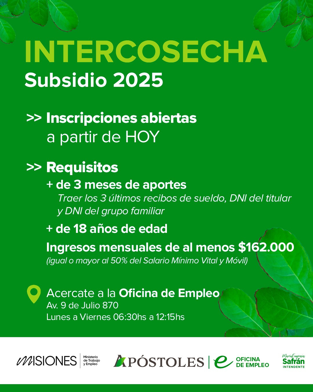 Apertura de Inscripciones al Programa Intercosecha 2025