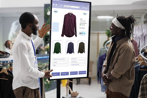 People look at clothing kiosk service with interactive board in fashion retail store. Male worker he.jpg