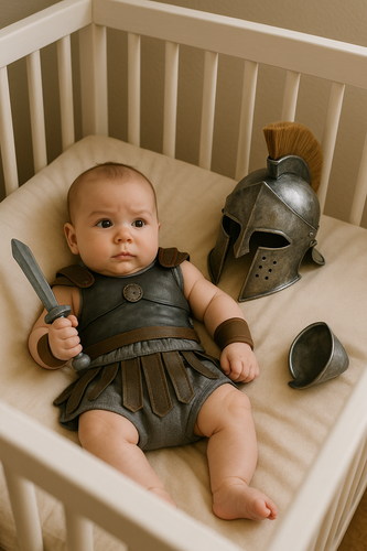 20250624 2111 Baby Gladiator Dreams simple compose 01jyjmeqbkfgj813d2t8739agf.png
