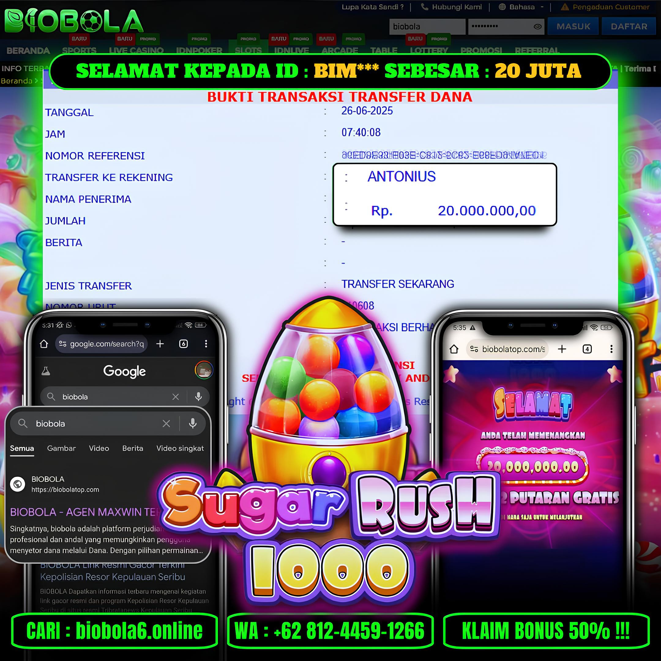 BIOBOLA  - JACKPOT DI GAME SLOT SUGAR RUSH 1000 RP 20JT DIBAYAR LUNAS