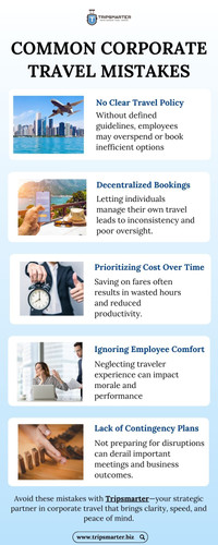 No Clear Travel Policy
 
Without defined guidelines, employees may overspend or book inefficient options.

Decentralized Bookings 

Letting individuals manage their own travel leads to inconsistency and poor oversight.

Prioritizing Cost Over Time 

Saving on fares often results in wasted hours and reduced productivity.

Ignoring Employee Comfort 

Neglecting traveler experience can impact morale and performance.

Lack of Contingency Plans
 
Not preparing for disruptions can derail important meetings and business outcomes.

Avoid these mistakes with Tripsmarter—your strategic partner in corporate travel that brings clarity, speed, and peace of mind.

https://www.tripsmarter.biz/